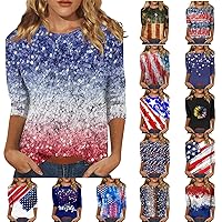 4th of July Tops for Women 3/4 Length Sleeve American Flag Print Shirts Classic Round Neck Patriotic Blouses