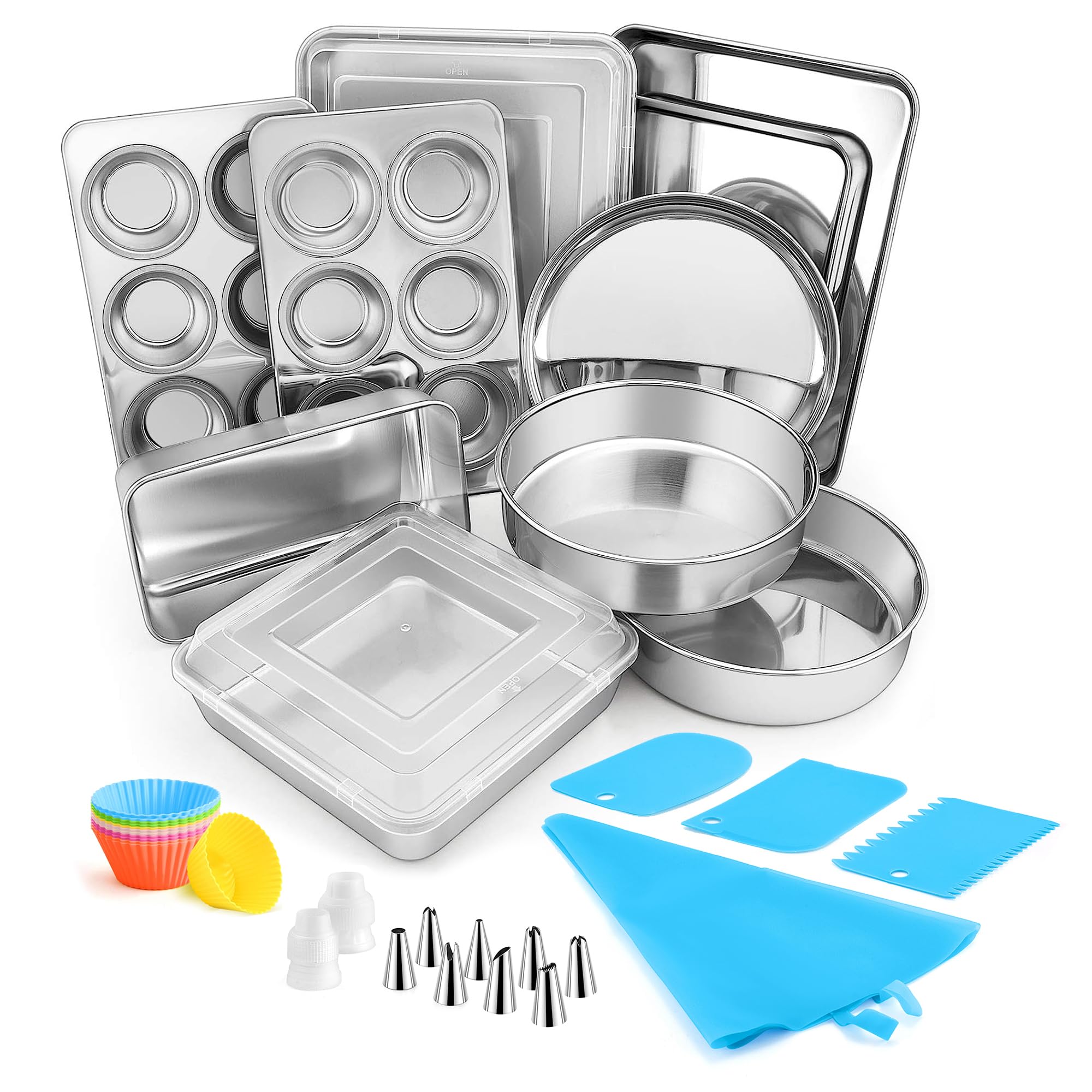 E-far 12-Piece Stainless Steel Bakeware Sets with Piping Bags and Tips Set and 12 Pack Reusable Silicone Baking Cups