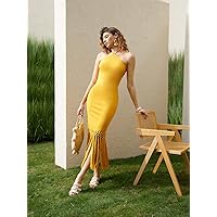 Dresses for Women - Backless Macrame Fringe Hem Bodycon Dress (Color : Yellow, Size : X-Large)