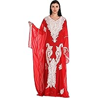 Chinese-Red Two Piece Gown from Kashmir with Ari-Embroidered Paisle