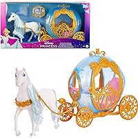 Disney Princess Cinderella’s Rolling Carriage with Gold Details & White Horse with Brushable Mane & Tail, Inspired Disney Movie