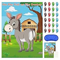 FEPITO Pin The Tail on The Donkey Party Game with 24 Pcs Tails for Kids Birthday Party Decorations, Carnival Circus Party Supplies