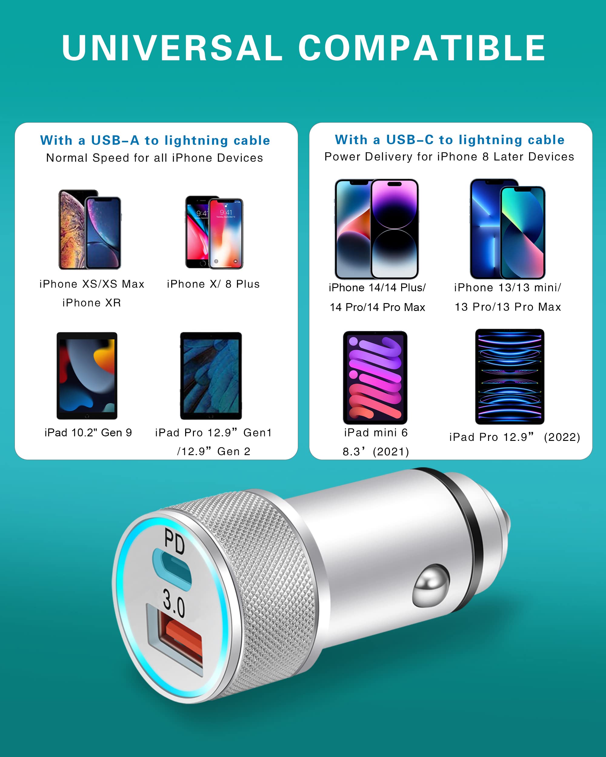 LUOSIKE 20W USB C Fast Car Charger for iPhone 14/13 /12 / Pro Max/Mini /11 /XS/XR/X /8, iPad, AirPods (Dual Port Power Delivery PD Car Adapter with MFi Certified USB C to Lightning Cable 3FT)