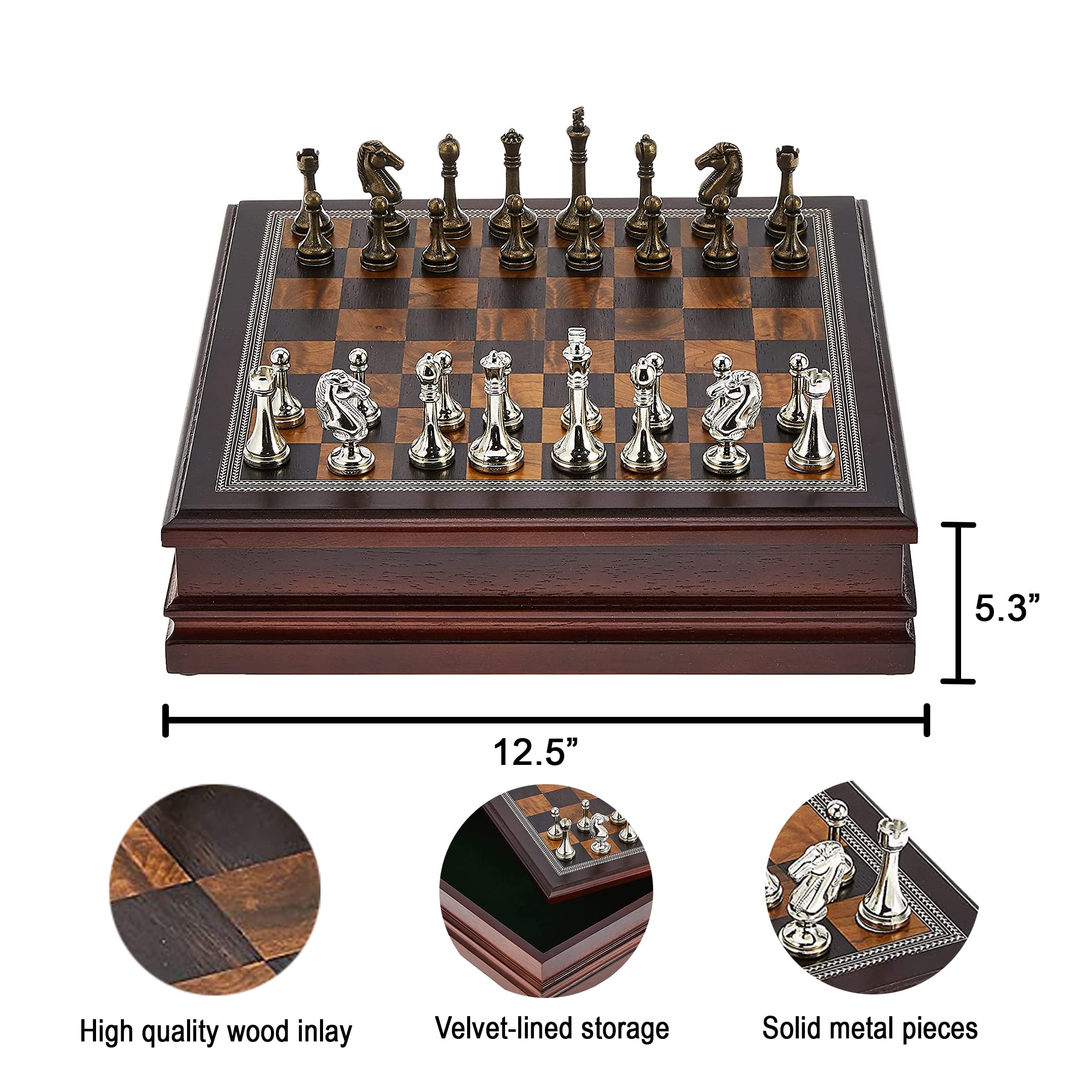 Classic Game Collection Metal Chess Set with Deluxe Wood Board and Storage - 2.5