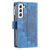 Compatible with Samsung Galaxy S22 5G Case Wallet for Women, Mandala Floral Embosssed PU Leather Folio Zipper Cover Magnetic Flip Book Case with Card Holder Wrist Strap (Blue)
