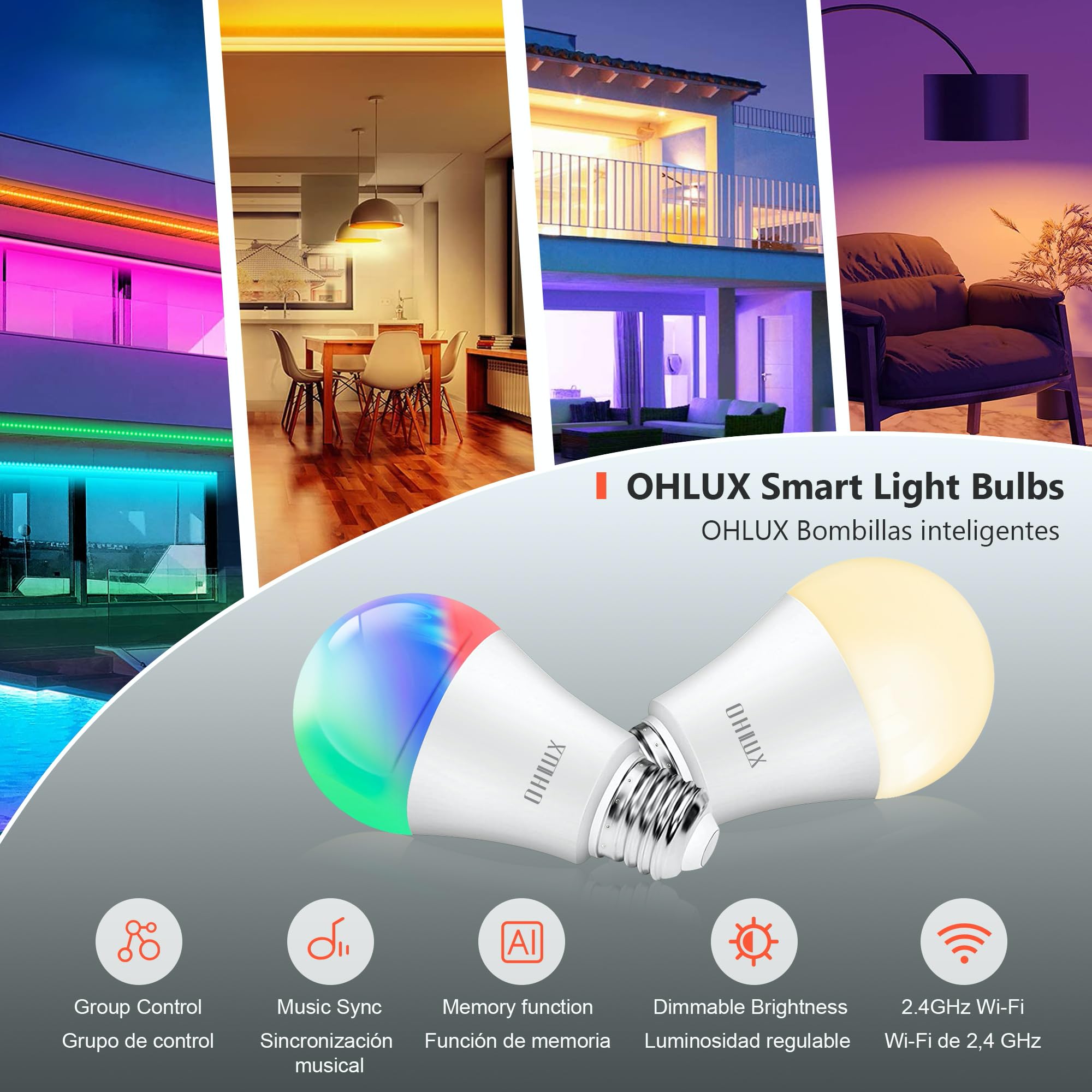 OHLUX Smart WiFi LED Light Bulbs Compatible with Alexa and Google Home (No Hub Required), RGBCW Multi-Color, Warm to Cool White Dimmable, 60W Equivalent, 7W E26 A19 Color Changing Bulb-6PACK