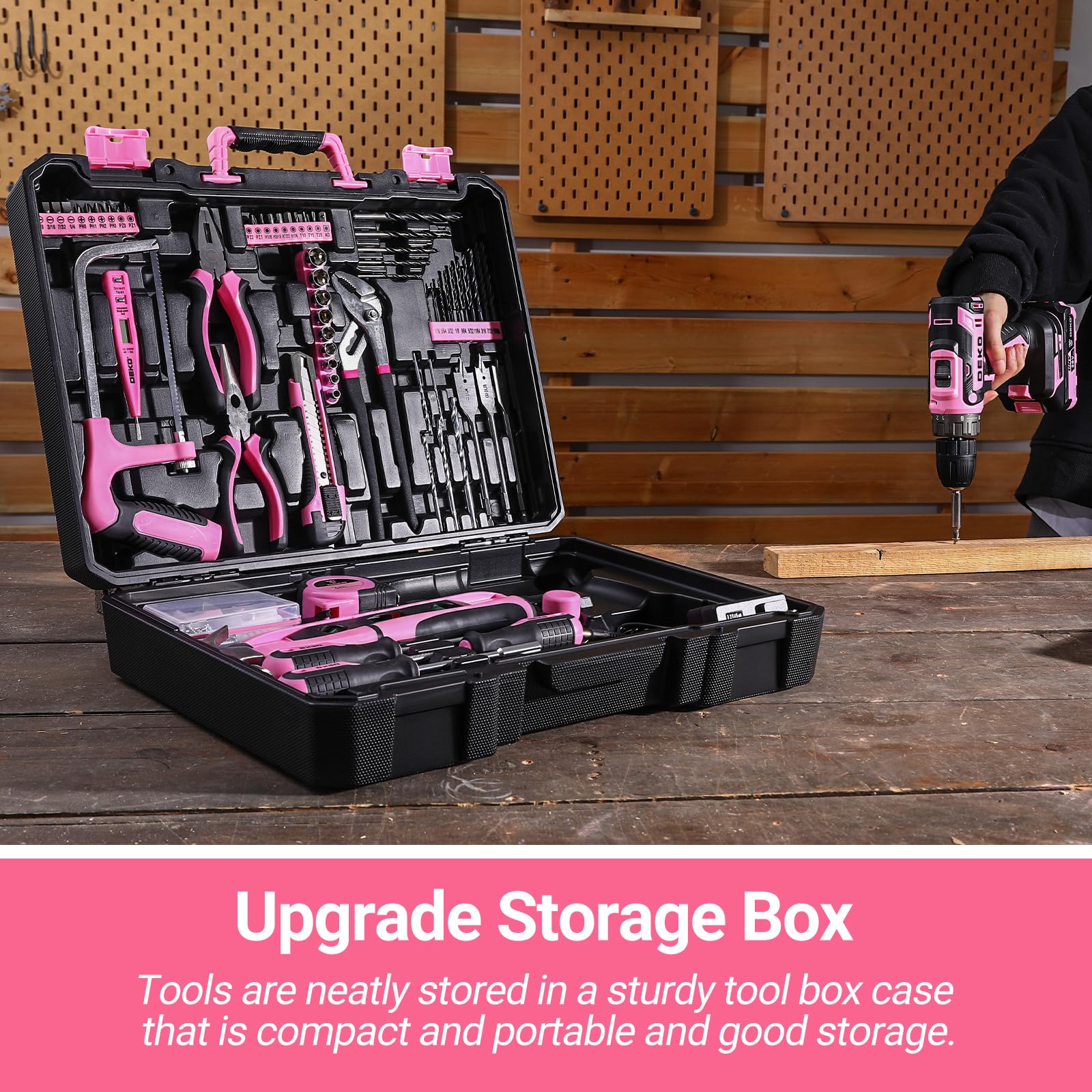 Pink Drill Tool Kit Set: 20V Cordless Power Drill Tool Box with Battery Electric Drill Driver for Men Home Hand Repair Basic Toolbox Tools Sets Drills Case