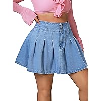 Verdusa Women's Plus High Waist A Line Button Front Pleated Denim Mini Skirt