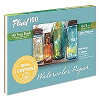 Fluid 100 Artist Watercolor Block, 140 lb (300 GSM) 100% Cotton Hot Press Pad for Watercolor Painting and Wet Media w/Easy Block Binding, 6 x 8 inches, 15 Sheets