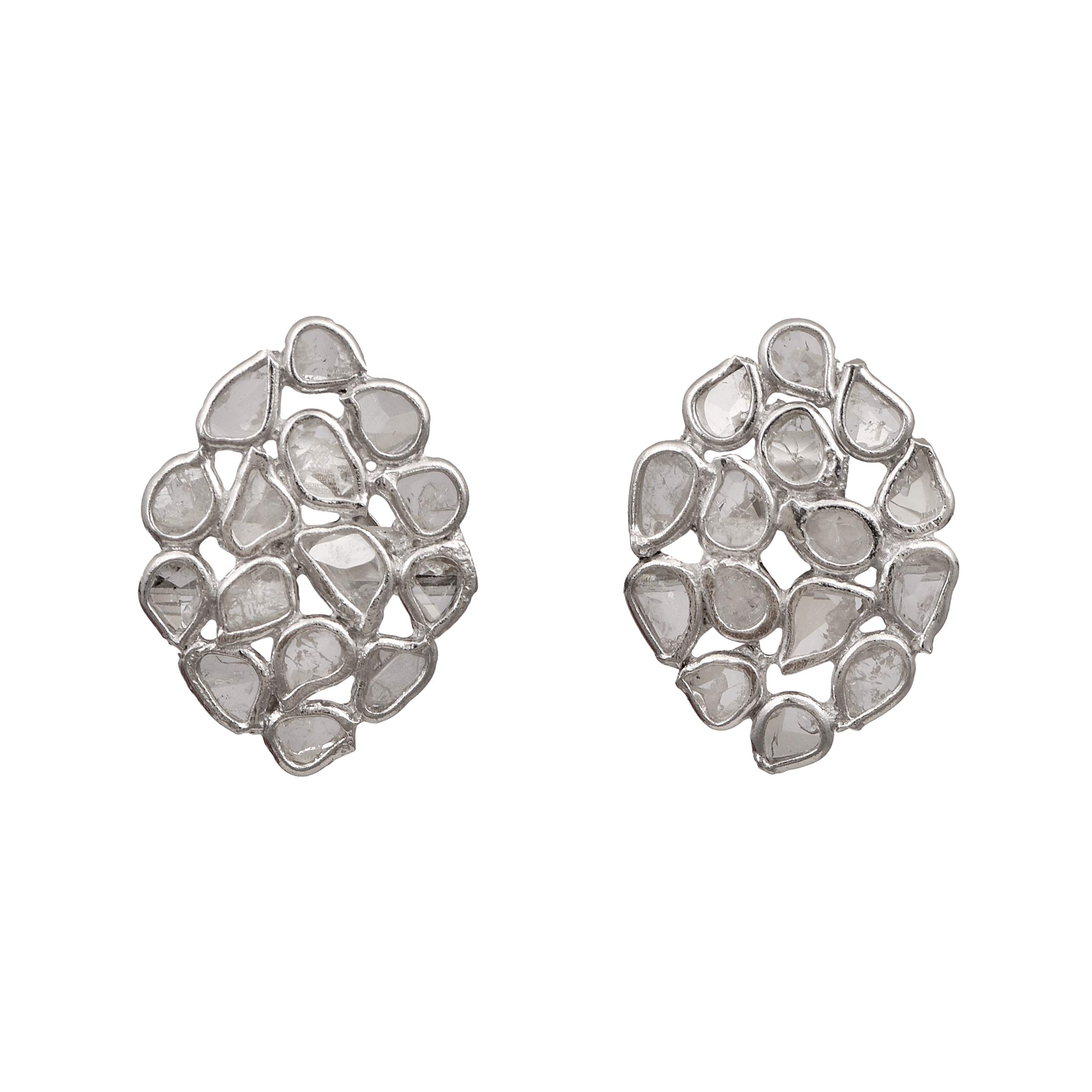 1.20 CTW Natural Uncut slice diamond polki tinny designer stud earrings - 925 sterling silver platinum plated