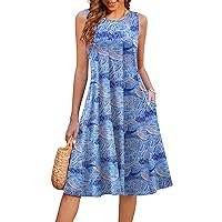 HOTOUCH Summer Casual Dresses for Women Sleeveless Midi Dress Swing Tank Sundress Pleated Tshirt Dress with Pockets