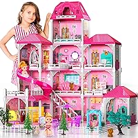 TEMI Doll House Girls Toys - 4-Story 12 Rooms Playhouse with 2 Dolls Toy Figures, Fully Furnished Fashion Dollhouse, Pretend Playhouse with Accessories, Gift Toy for Kids Ages 3 4 5 6 7 8+