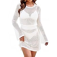 Blooming Jelly Womens Crochet Swimsuit Cover Up Waist Cinching Swim Cover Ups Crew Neck Bathing Suits Coverup