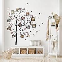Family Tree Wall Home Decor Anniversary Gifts Family Wall Art Stickers for Living Room Wooden Tree with Photo Frames Picture Collage Wood Housewarming Gift (Tree with Pink Flowers)