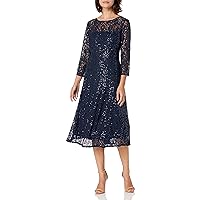 S.L. Fashions Women's Midi Length Sequin Lace Fit and Flare Dress (Missy Petite)