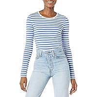 Amazon Essentials Women's Classic-Fit Long-Sleeve Crewneck T-Shirt Shirt, -Blue White Even Stripe, X-Small