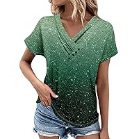 Casual Spring Outfits for Women Sparkly Tops for Women 2024 Fashion Button Patchwork Casual Loose with Short Sleeve V Neck Ruched Blouses Green XX-Large