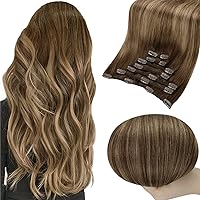 Full Shine Human Hair Extensions Clip in Balayage Medium Brown to Honey Blonde Clip in Hair Extensions Real Human Hair Straight Human Hair Extensions Long Double Weft 22 inch 7pcs 120g