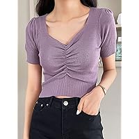 Women's Sweaters Women's Sweaters Fall Ruched Front Sweetheart Neck Knit Top Cute Women's Sweaters (Color : Purple, Size : One-Size)