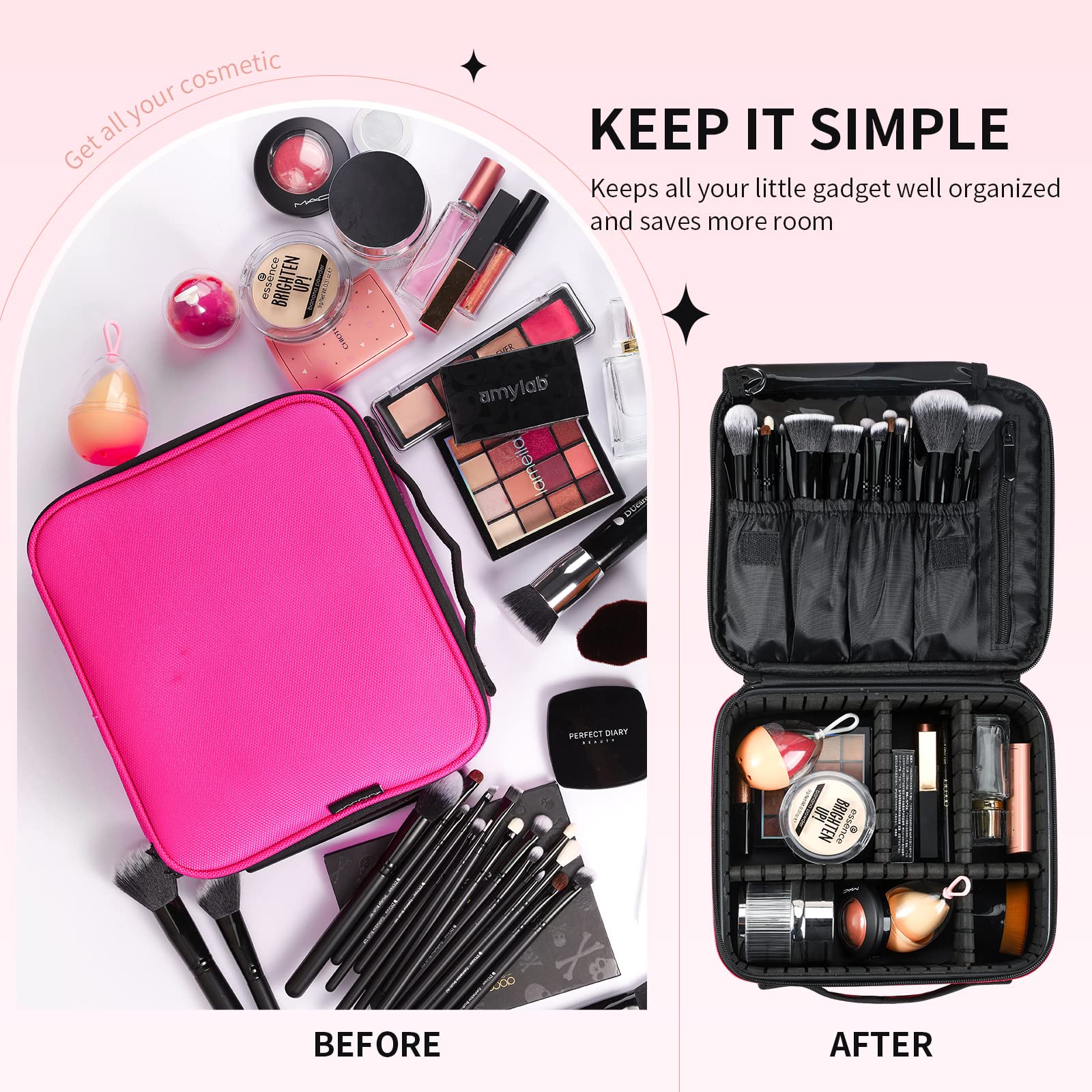 Docolor Travel Makeup Bag,Double Layer Portable Cosmetic Bag with Adjustable Dividers,Waterproof Makeup Case for Makeup Brushes,Travel Toiletry Bag for Women Cosmetics Accessories Tools Case