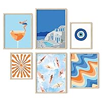 HAUS AND HUES Seascape Posters Gallery Wall Art Set of 6 - Beach Wall Art, Evil Eye Wall Decor, Travel Pictures for Wall, California Wall Art, Blue Poster, Orange Wall Art, (Framed Beige)