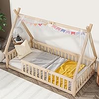 Twin Montessori Floor Bed Frame with Railings and Roof, House Bed for Kids, Wood Tent Floor Bed Frame for Girls and Boys,Nature