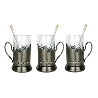 9 Piece Russian Tea Set Crystal Tempered Hot Tea Glasses with Metal Glass Holders Podstakannik w/Teaspoon - Vintage Design Drinkware