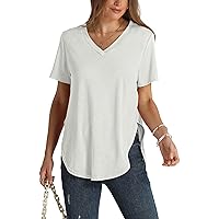 WIHOLL Womens Summer Tops Dressy Casual Short Sleeve V Neck T Shirts with Side Splits