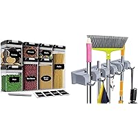 CINEYO 7 Pc's Airtight Food Storage Container & Mop and Broom Holder Wall Mount (Gray)