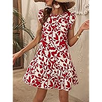 Dresses for Women Allover Print Ruffle Trim Smock Dress (Color : Red and White, Size : Small)