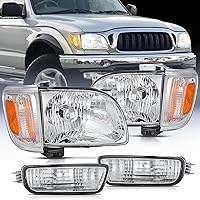Headlight Assembly for 2001 2002 2003 2004 Toyota Tacoma Replacement Headlamp Chrome Housing Amber Reflector Driver and Passenger Side, 2 Years Warranty