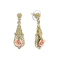1928 Jewelry Pink Porcelain Rose With Pink Accent Drop Earrings