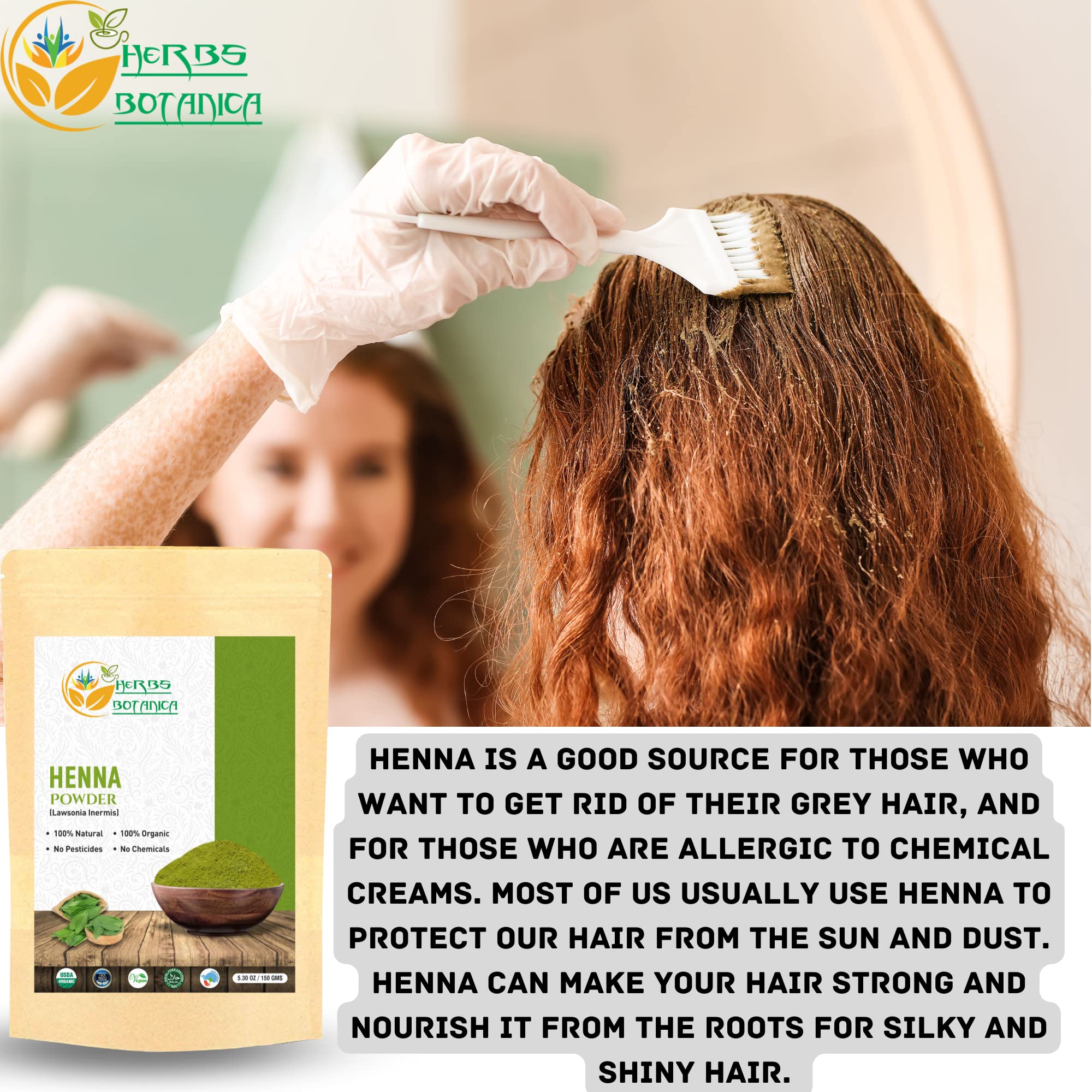 Herbs Botanica Organic Henna Powder For Hair Color 100% Pure Give Natural Color, Shine and Conditioning to Hair Triple Sifted Henna For Hair Dye Grown and Cultivated in Rajasthan 100 % Chemical Free 150 Gms / 5.3 Oz Pack