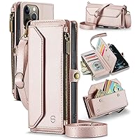 Crossbody for iPhone 12 Pro Max Case Wallet【RFID Blocking】with 10-Card Holder Zipper Bills Slot, Soft PU Leather Magnetic Wrist Shoulder Strap for iPhone 12 Pro Max Wallet Case Women,RoseGold