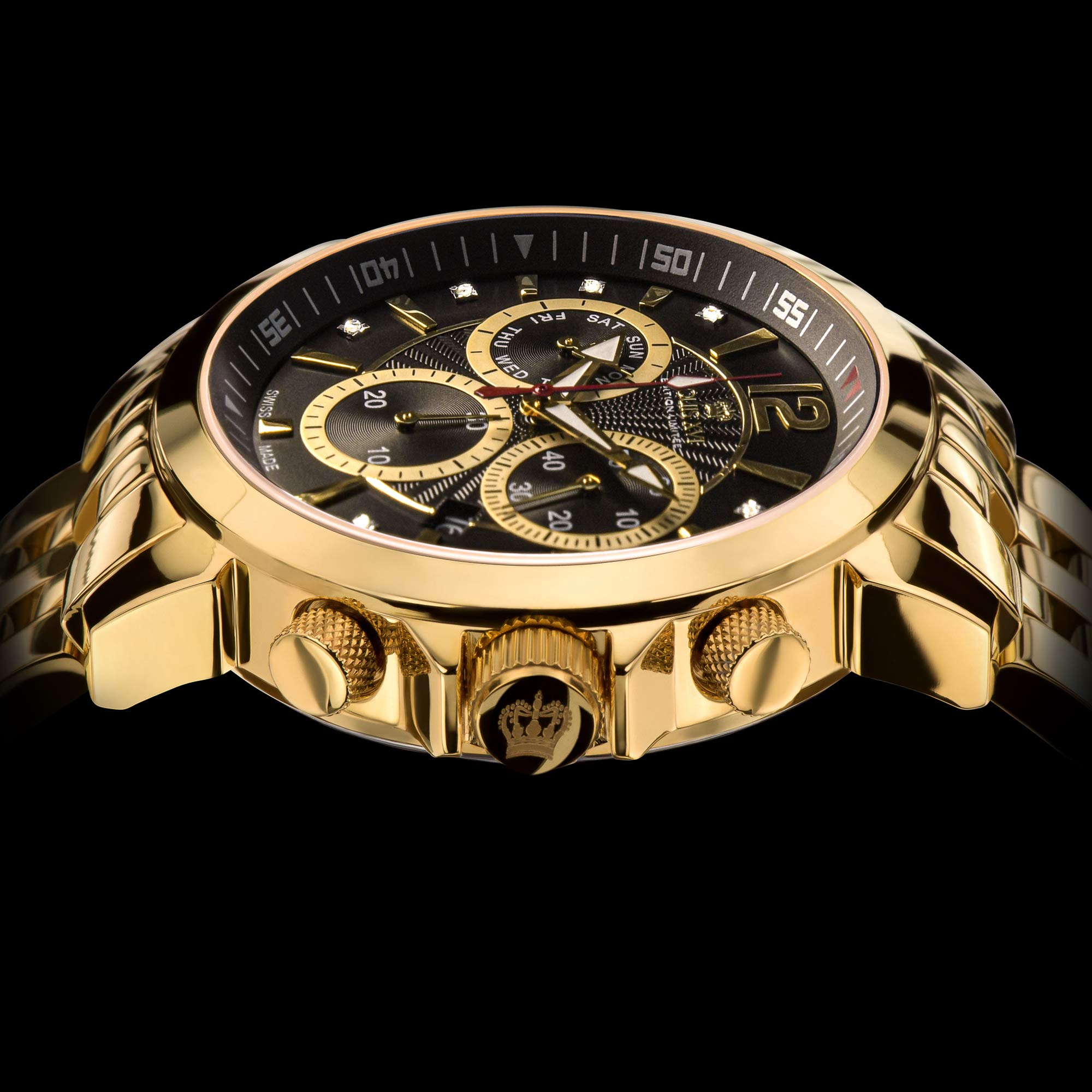 LOUIS XVI Herren-Armbanduhr Athos le Grand Stahlband Gold Schwarz echte Diamanten Chronograph Analog Quarz Edelstahl 886