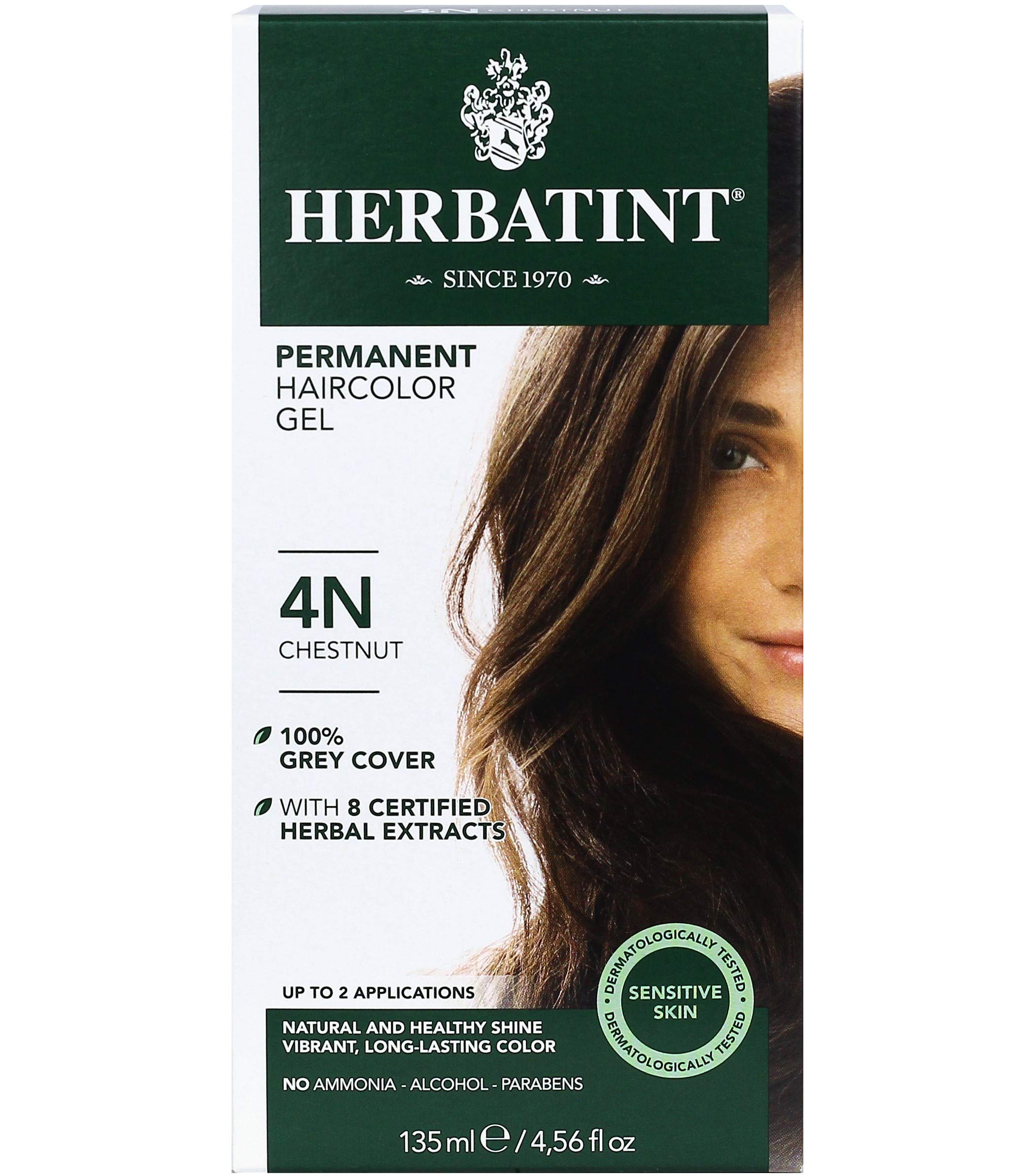 Herbatint Permanent Haircolor Gel, 4N Chestnut, Alcohol Free, Vegan, 100% Grey Coverage - 4.56 oz