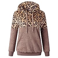 Andongnywell Womens Leopard Print Fuzzy Hooded Sweater Long Sleeve Fleece Pullovers Quarter Zipper Hoodies (Khaki,Large)