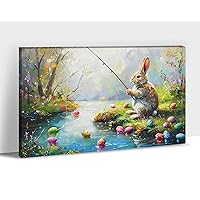 Vintage Easter Canvas Wall Art, Easter Bunny is Fishing Pictures Oil Painting for Wall Decor, Retro Spring Cute Bunny Posters Wall for Easter, Framed Easter Rabbit Home Artwork for Bedroom 12