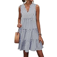 Floerns Women's Striped Print Sleeveless Notched Neck Tiered Layer Babydoll Dress