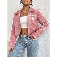 Jacket for Women - Slogan Embroidered Argyle Quilted Coat (Color : Dusty Pink, Size : Large)