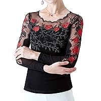 Women's Lace Tops Long Sleeve Elegant Mesh Rhinestone Sheer Embroidered Rose Mesh Blouses Shirts