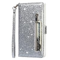 Wallet Case Compatible with Google Pixel 7 Pro, Zipper Glitter PU Leather Phone Cover with Lanyard for Pixel 7 Pro (Silver)