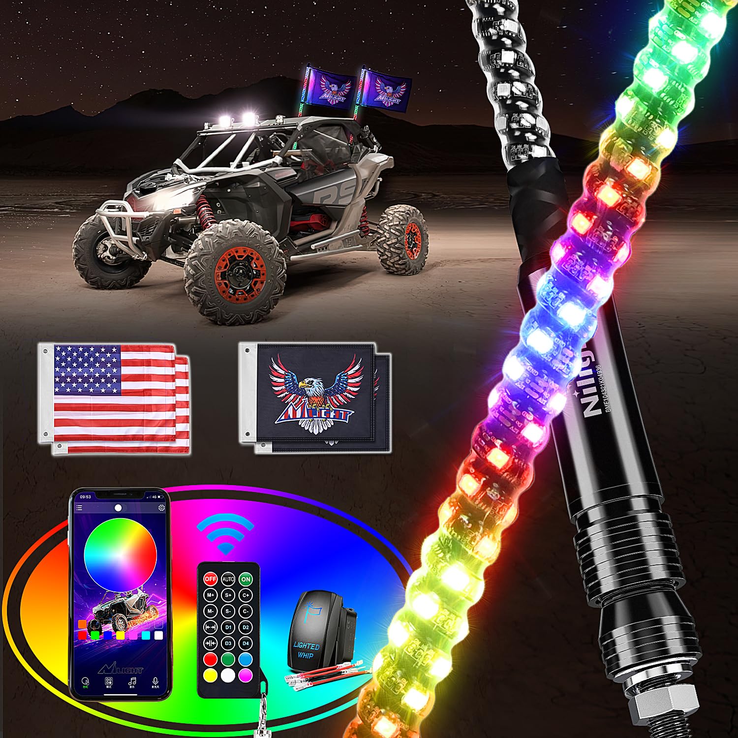 Nilight 2PCS 2FT RGB LED Whip Light with Extra Stop Turn Reverse Light, Remote & App Control, DIY Chasing Patterns, Safety Antenna Lighted Whips for ATV UTV Polaris RZR Can-am, 2 Year Warranty
