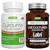Live Cultures+ Lab4 Probiotics + High Absorption Curcumin C3 Complex Vegan Bundle, 25 Billion CFU Probiotic, Non-Bloating Prebiotic + 300% Greater Absorption Curcuminoids with Rapid Uptake, By Igennus