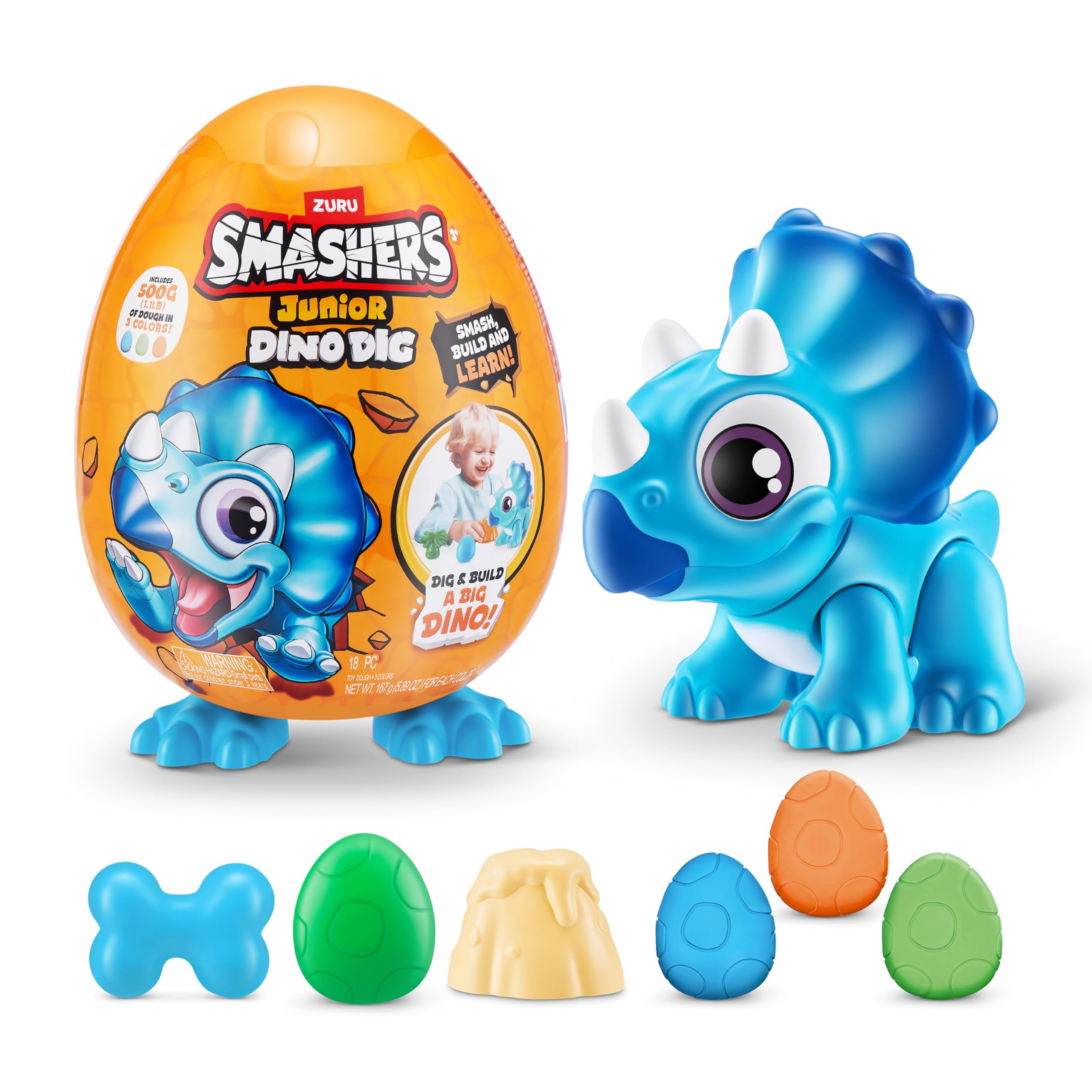 Smashers Junior Dino Dig Small Egg (Triceratops) by ZURU 12+ Surprises Compounds Mold Dinosaur Preschool Toys Build Construct Sensory Play 18 Months - 3 Years