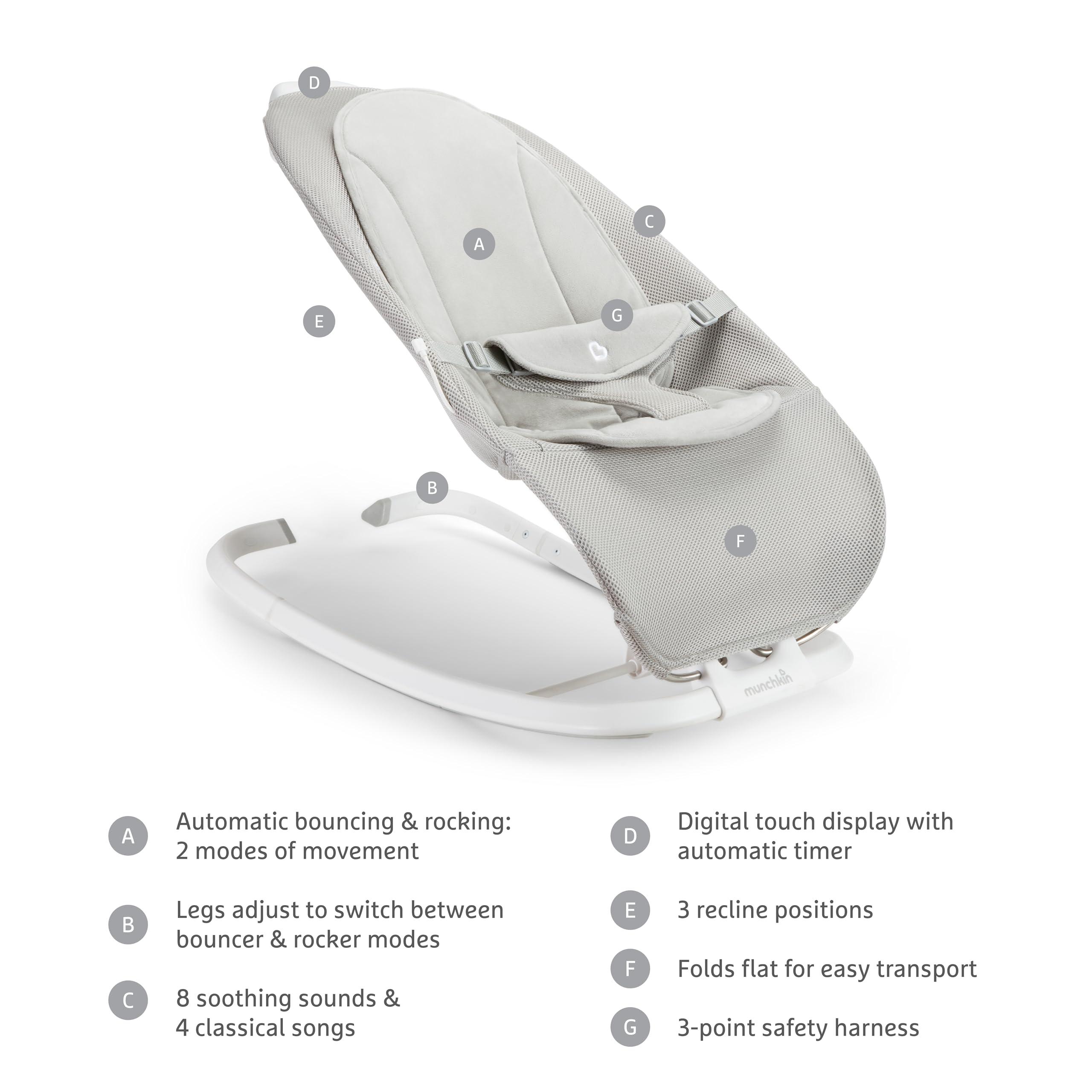 Munchkin® Electric Baby Bouncer & Rocker with Digital Touch Display, Soothing Sounds & 3 Recline Positions - Self-Powered Bouncing & Rocking
