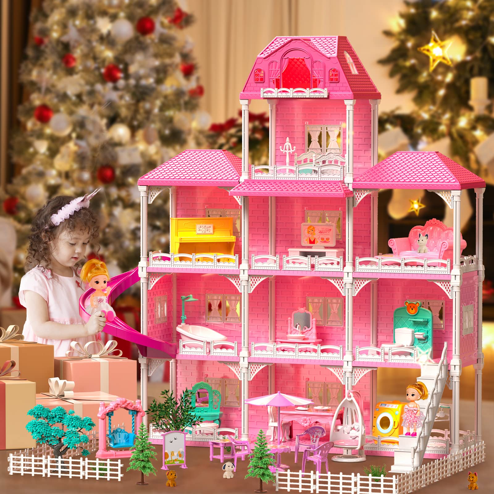 TEMI Dreamhouse Doll House for 3 4 5 6 7 8 Year Old Girls Toy - 4-Story 10 Rooms Dollhouse 7-8 with 2 Toy Figures, Furniture and Accessories, Pretend Play House for Kid Ages 3+