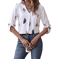 GORGLITTER Elegant Blouse Women's V-Neck Blouse Shirt 3/4 Sleeve Elegant Blouse with Buttons 3/4 Sleeve Top with Feathers