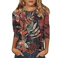 Women's Summer Tops Fashion Casual 3/4 Sleeve Print Stand Collar Pullover Top with Pockets, S-3XL