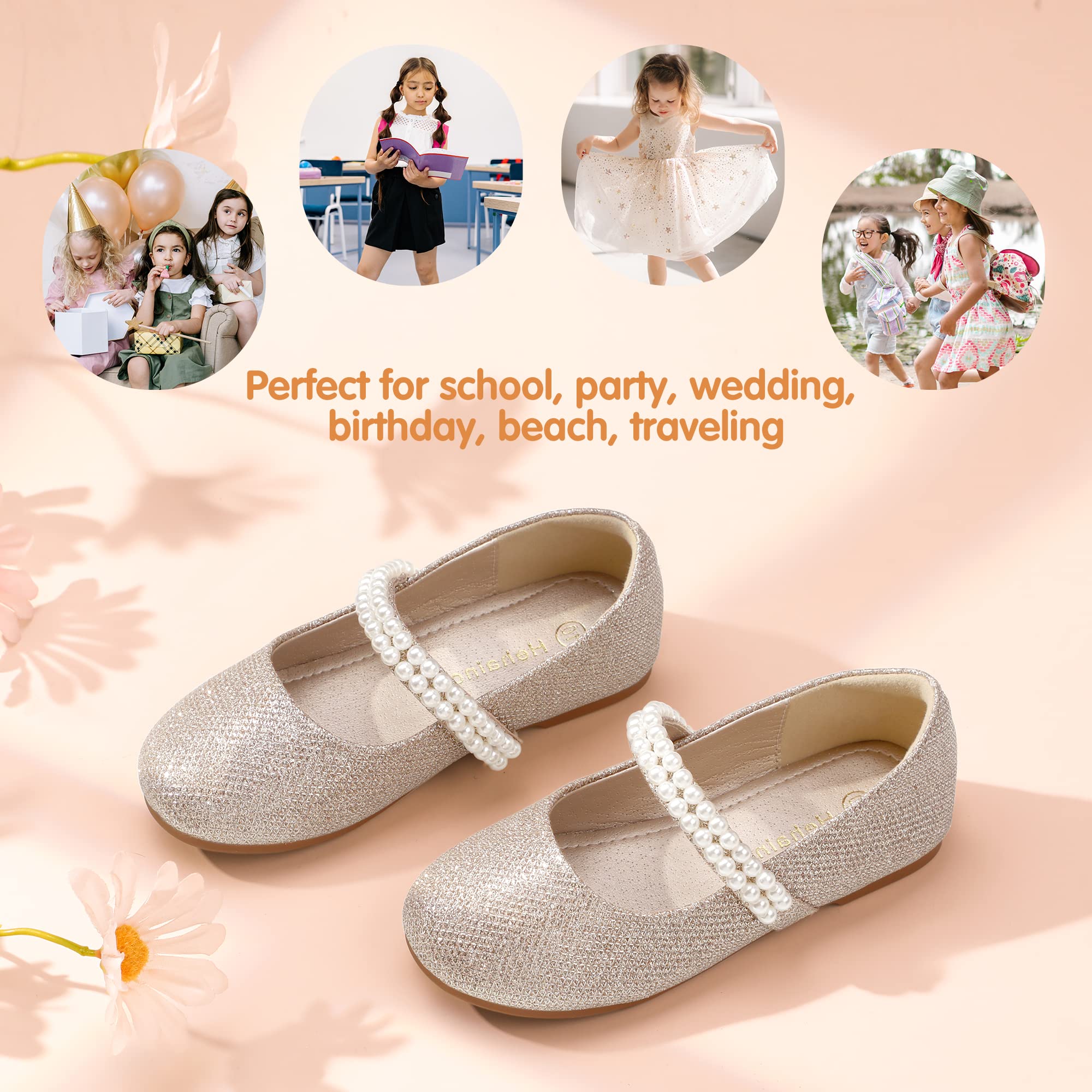 Hehainom Toddler Flower Girls Dress Shoes, Mary Jane Princess Ballet Flats with Bow and Peals for Party School
